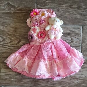 Homemade Floral Pink Dog Dress with Teddy Bear Accent Size X Small